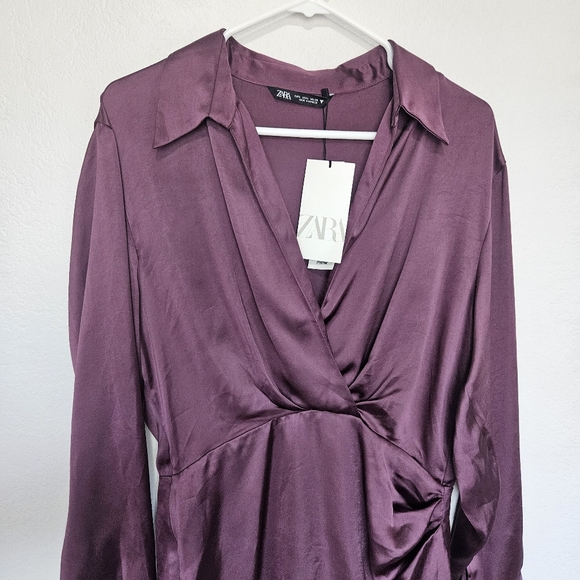 NWT Zara | Satin Ruched Shirt Dress Silky Eggplant Womens Large - Picture 4 of 9